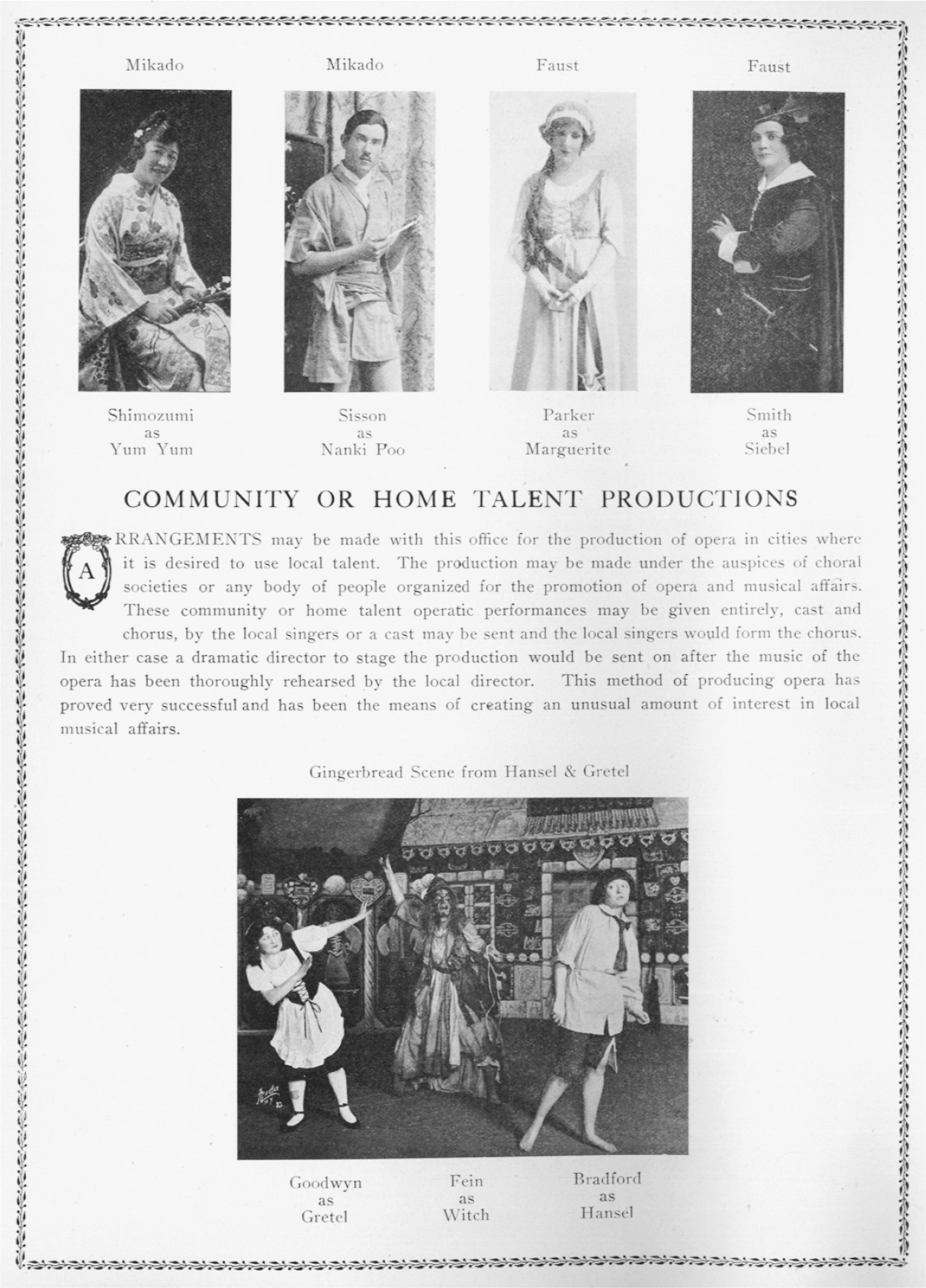 Photographs of Shimozumi, Sisson, Parker and Smith. Below are the details of Community or home talent productions. There is another picture of a Gingerbread scene from Hansel and Gretel.