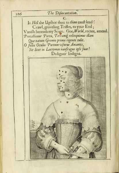 Page of text with a drawing of a oman in seveteenth century dress; she has various symbols drawn on her body.