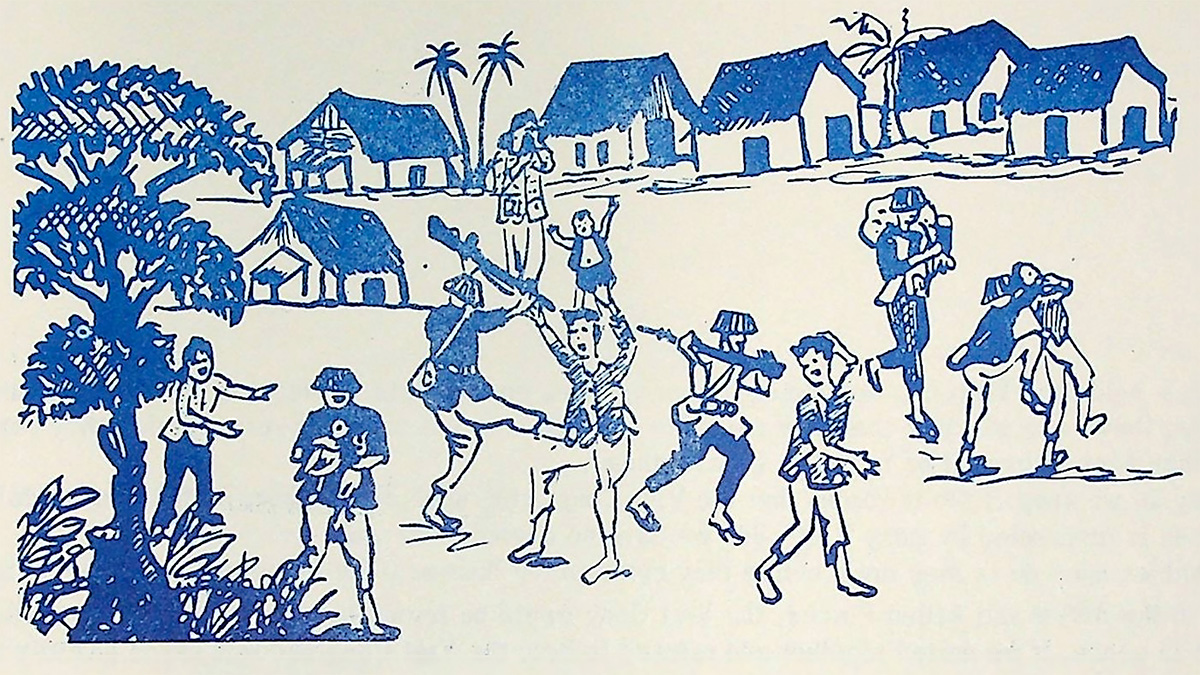 Drawing in blue ink showing soldiers violently moving a small civilian population from their homes, separating families in the process.