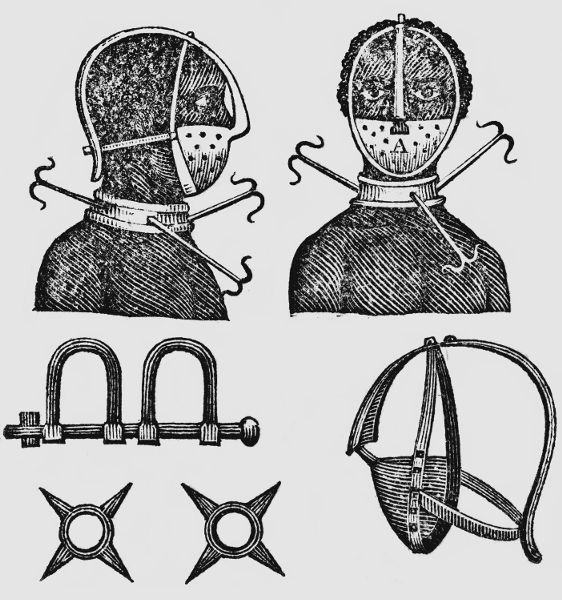 Black-and-white drawing of an iron mask and collar. The top portion depicts a topless black man from the side and head on with the mask on his person. Below the mask and its hardware are despicted as individual items for closer examination.