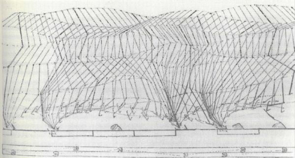 A line drawing mapping the movement of a horses legs as it runs. The image is highly geometic with a wave pattern at top and on bottom, connected by a series of zig-zag lines.