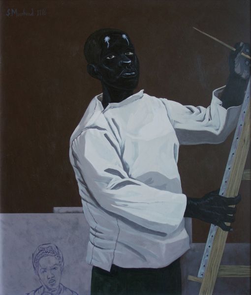 Painting of a black man wearing a white smock, painting at an easel.