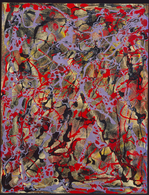 The exhibit highlights Janet Sobel’s “Untitled,” a dynamic abstract expressionist painting from around 1946, showcasing thick lines of dripped, poured, and scraped paint in red, black, purple, white, yellow, and blue on a composition board.