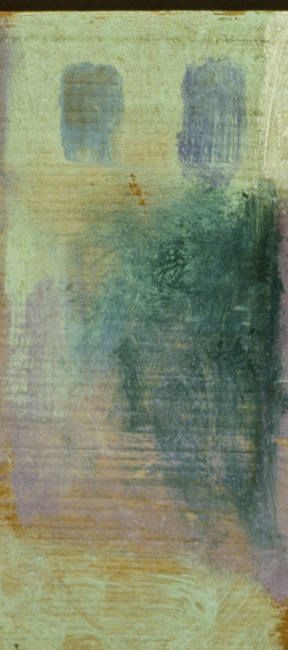 The exhibition showcases a glass window adorned with abstract artwork, featuring a composition of shades in green and brown.