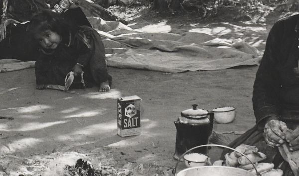 A box of commercially produced salt sits on the ground at the center of a summer shelter.