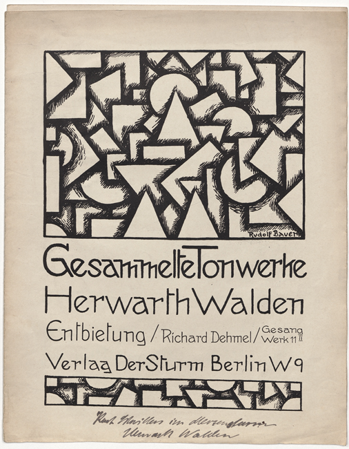 The exhibit showcases the cover of Herwarth Walden’s “Entbietung,” illustrated by Rudolf Bauer.