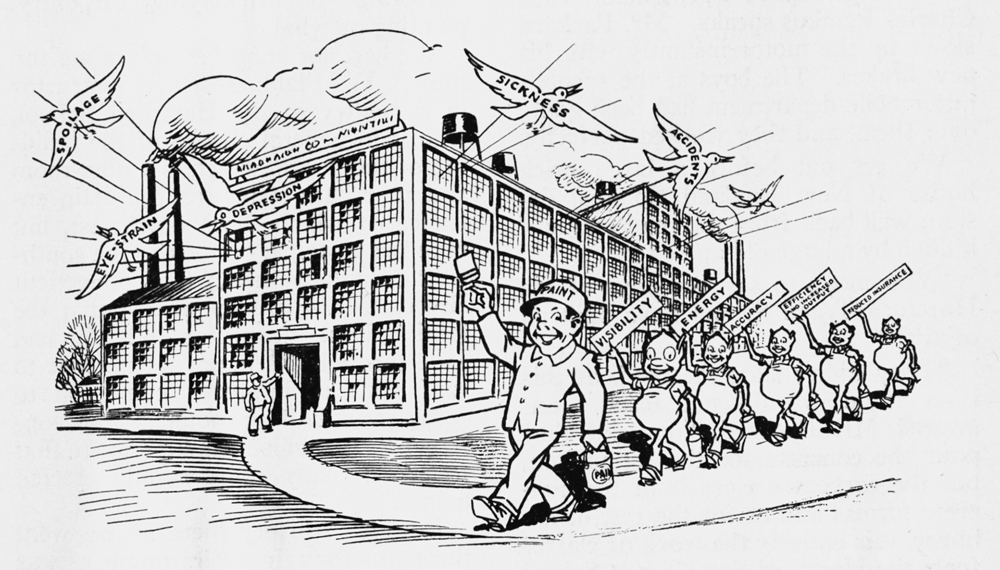 A person leads a line of figures carrying banners while birds fly above a large industrial building.