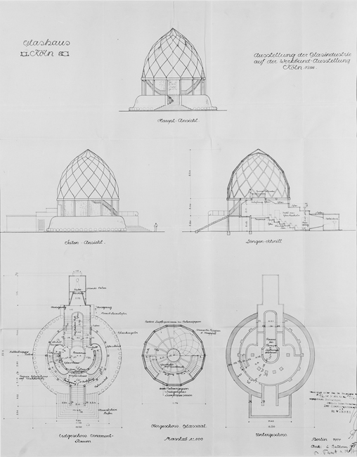 The exhibit features plans, elevations, and sections of Bruno Taut’s Glashaus, consisting of six labeled diagrams.