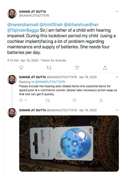A screen capture of a tweet from Samar Jit Dutta, the father of an implanted child, and two responses.