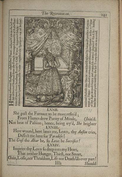 Etching of Queen Elizabeth in an ornate chamber; text surrounds the image on all sides but the top.
