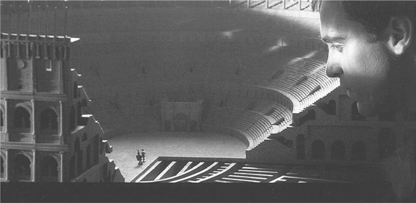 The exhibit portrays a scene from the movie “Gladiator” where Commodus looks at toy gladiators in the model of a coliseum.