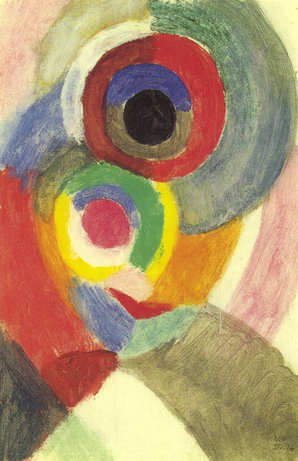 The exhibition highlights Robert Delaunay’s “Simultaneous Windows,” featuring a close-up view of a colorful arrangement of glass elements in shades of purple, brown, yellow, and white. The artwork is characterized by circular shapes, adding to its visual appeal.