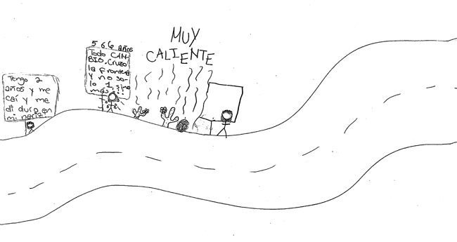 Dibujo a lápiz muestra figuras de palitos sosteniendo carteles a lo largo de una carretera vacía.