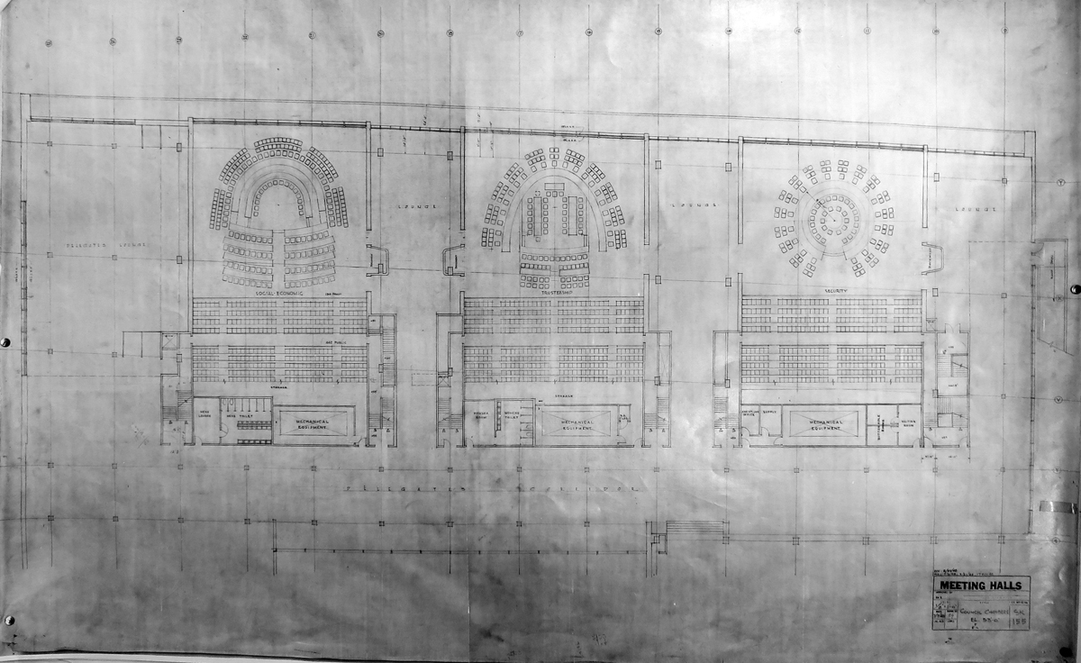 Architectural plan of the Conference Block showing the three council chamber tables across from a seating area.