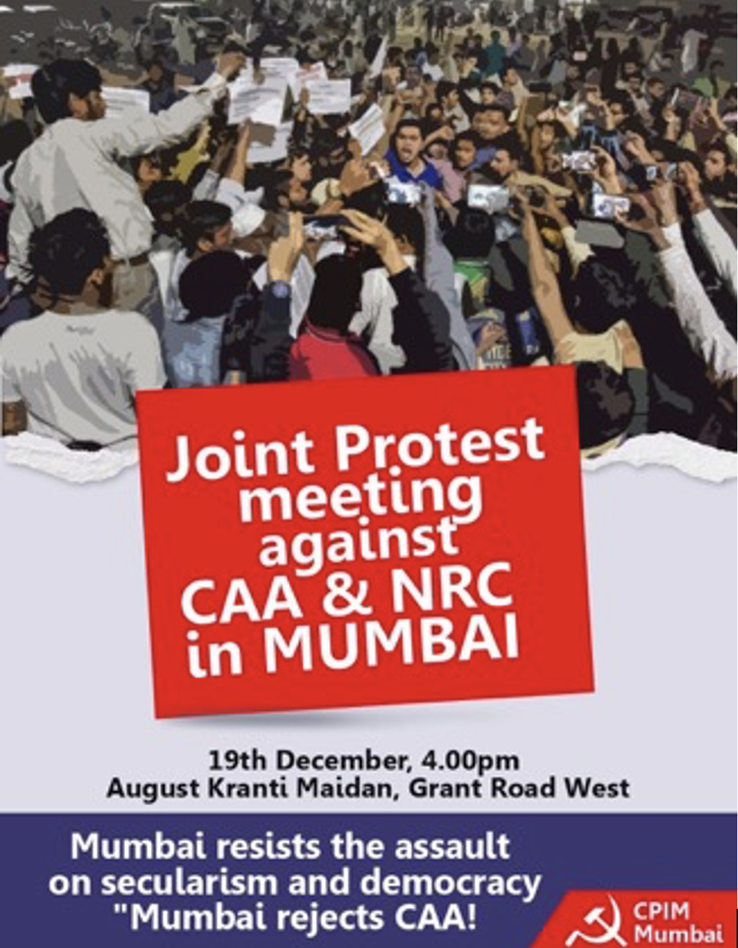 A protest ad features a half-page drawing of a large protest group. At center is a red square with the event title; event details are below it.