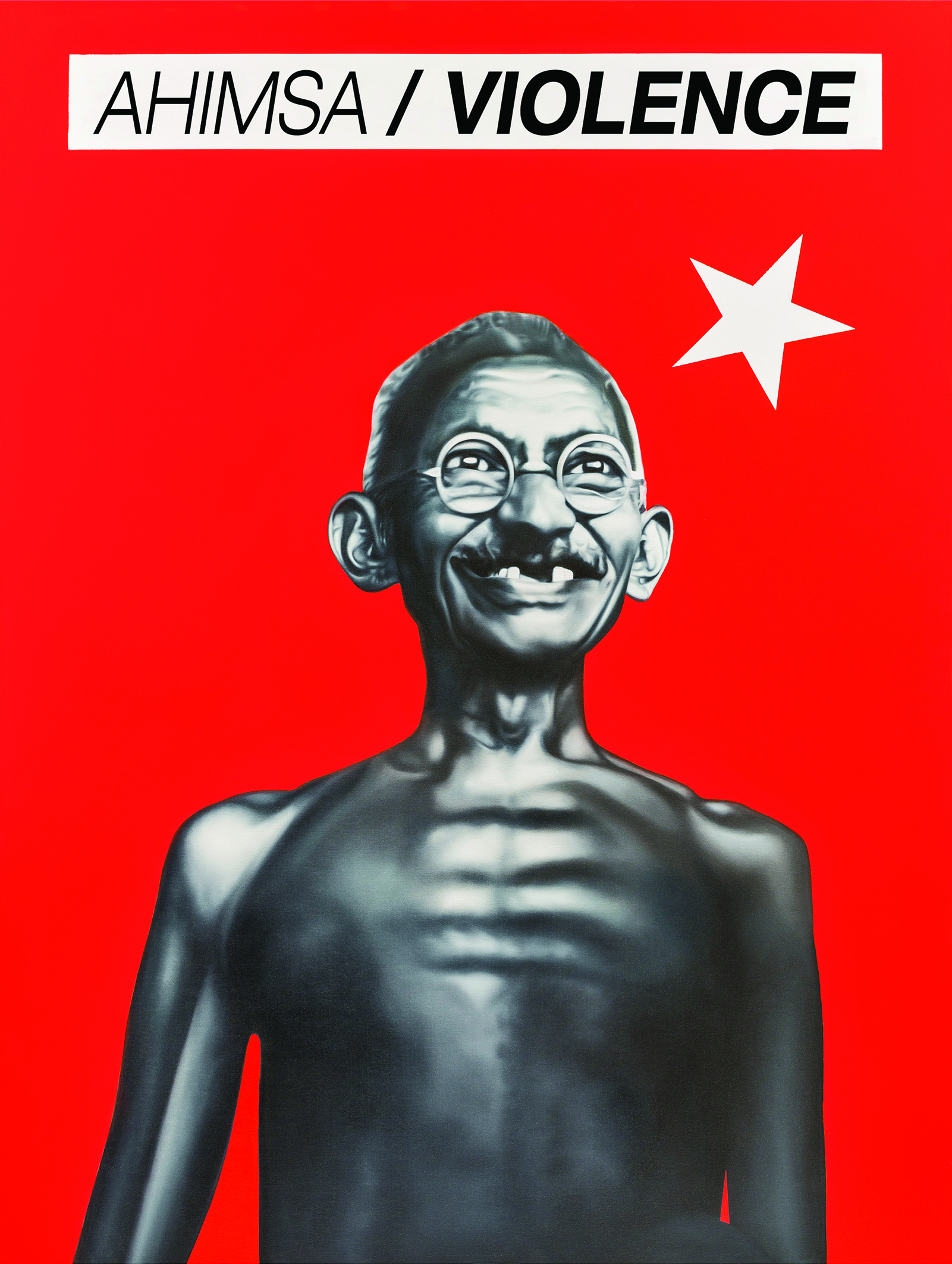 Bare-chested, grayscale image of Gandhi against a field of red with one white star situated to the right of his head. Title text reads “Ahimsa / Violence.”