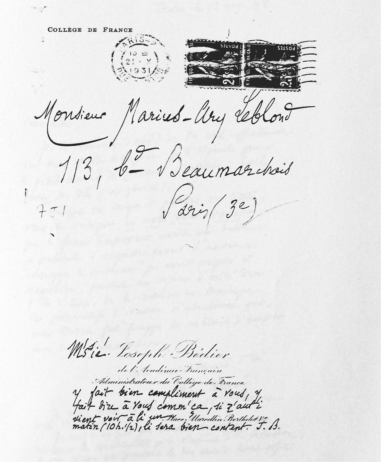 A hand-written letter by Joseph Bédier addressing Marius-Ary Leblond.