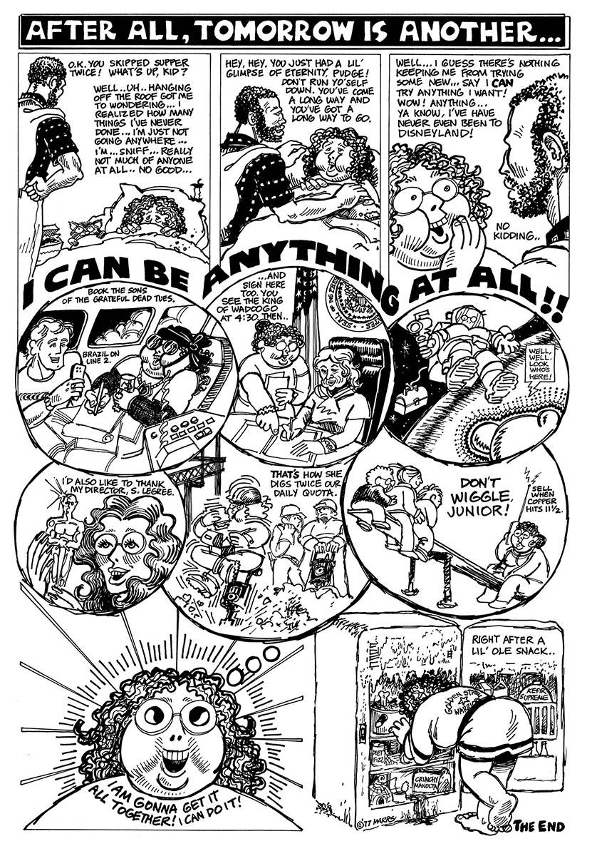 Following a bout of hopelessness, Pudge imagines six future scenarios for her life, shown in interlocking circular panels in the middle of the page.