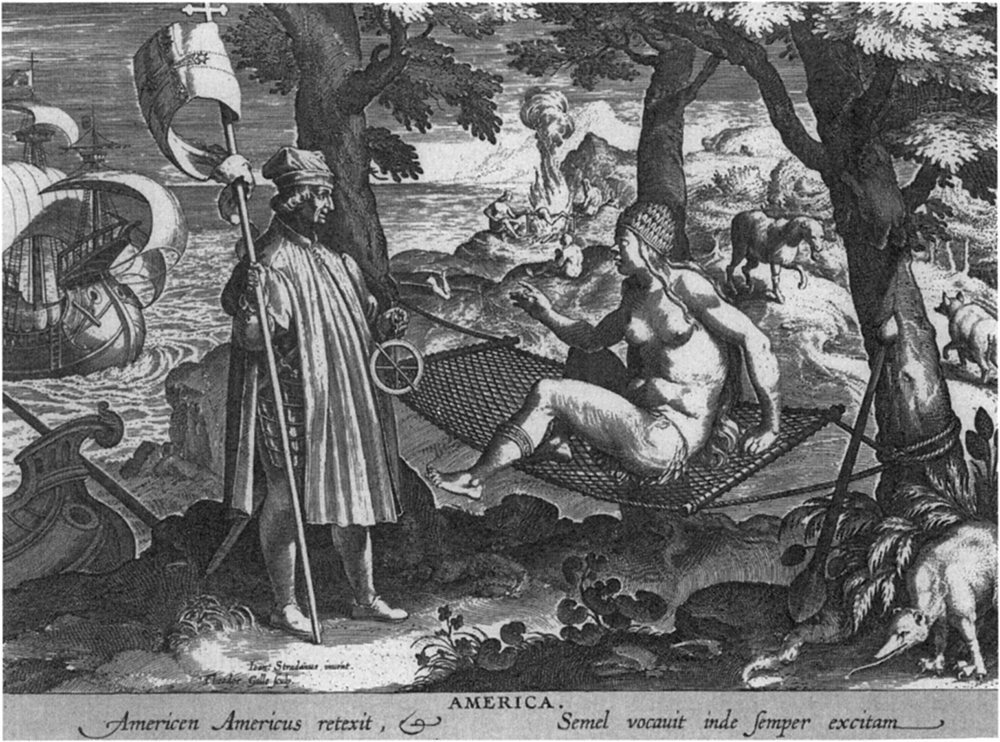 An illustration shows a naked woman sitting on a hammock in an outdoor setting. The woman speaks to a fully clothed male crusader who is armed and holds a banner. The scene is illustrated alongside a sea.