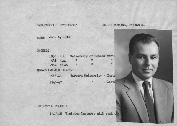 Image of a typewritten page listing Silvan Tomkins’s educational and teaching background, along with his date of birth. Laid on top of the page is a black-and-white photo showing a professional portrait of Tomkins in a suit.