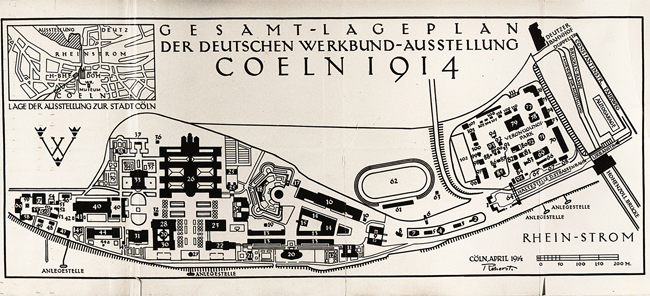The exhibit displays the plan of the Werkbund exhibition in Cologne, 1914, including an inset map labeled “LAGE DER AUSSTELLUNG ZUR STADT COLOGNE.”