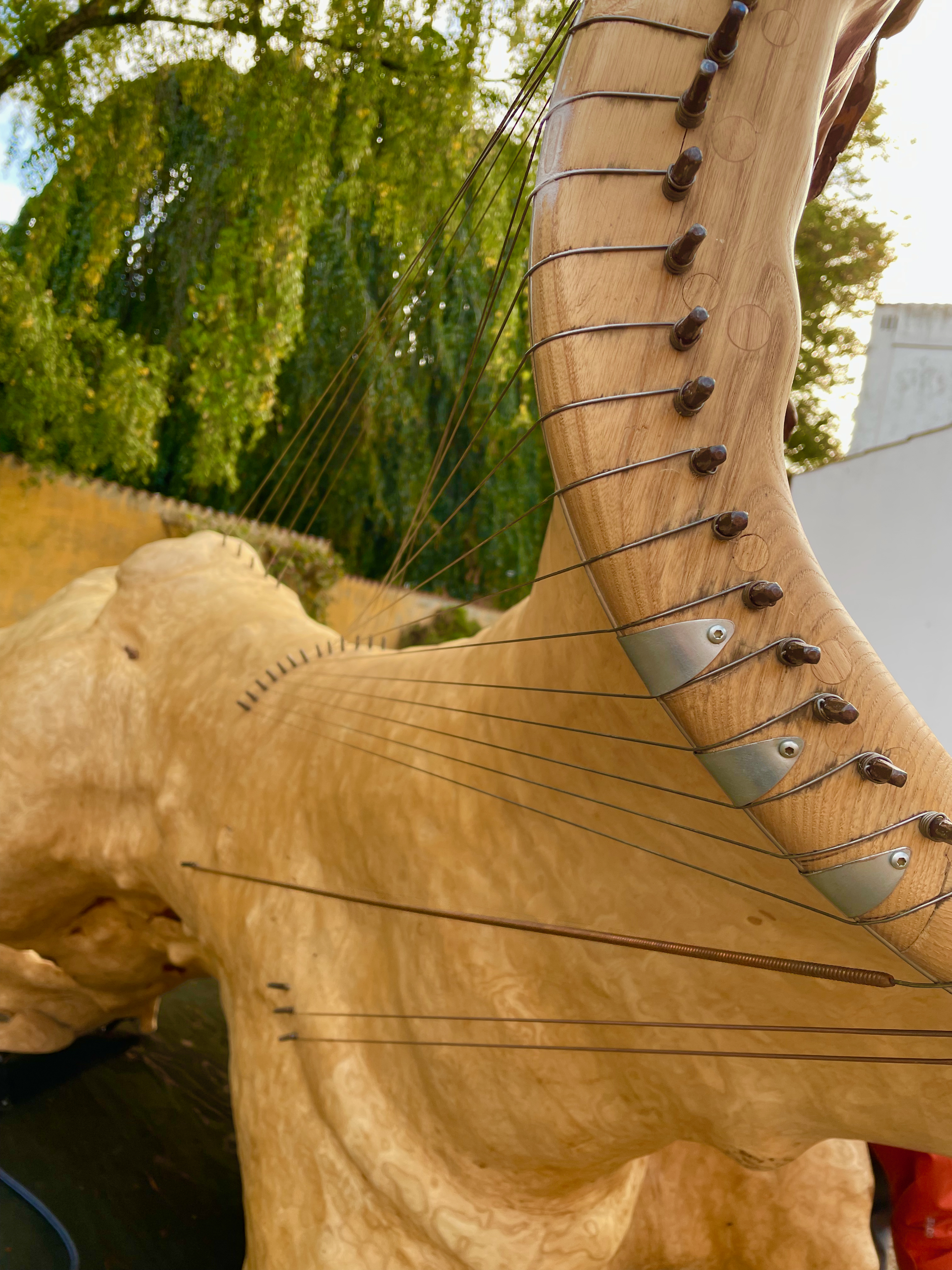 An instrument made of a tree trunk strung with piano wires.