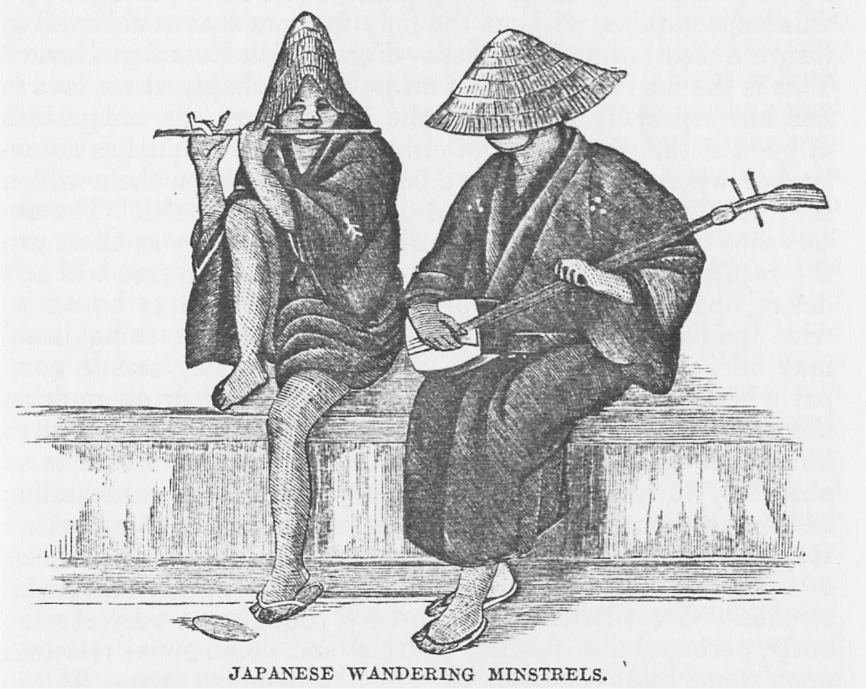 A diagram of two people seated on a platform. The person to the left is holding a flute to his mouth. The person to the right is holding an instrument. Both are wearing bamboo hats with partially visible faces.