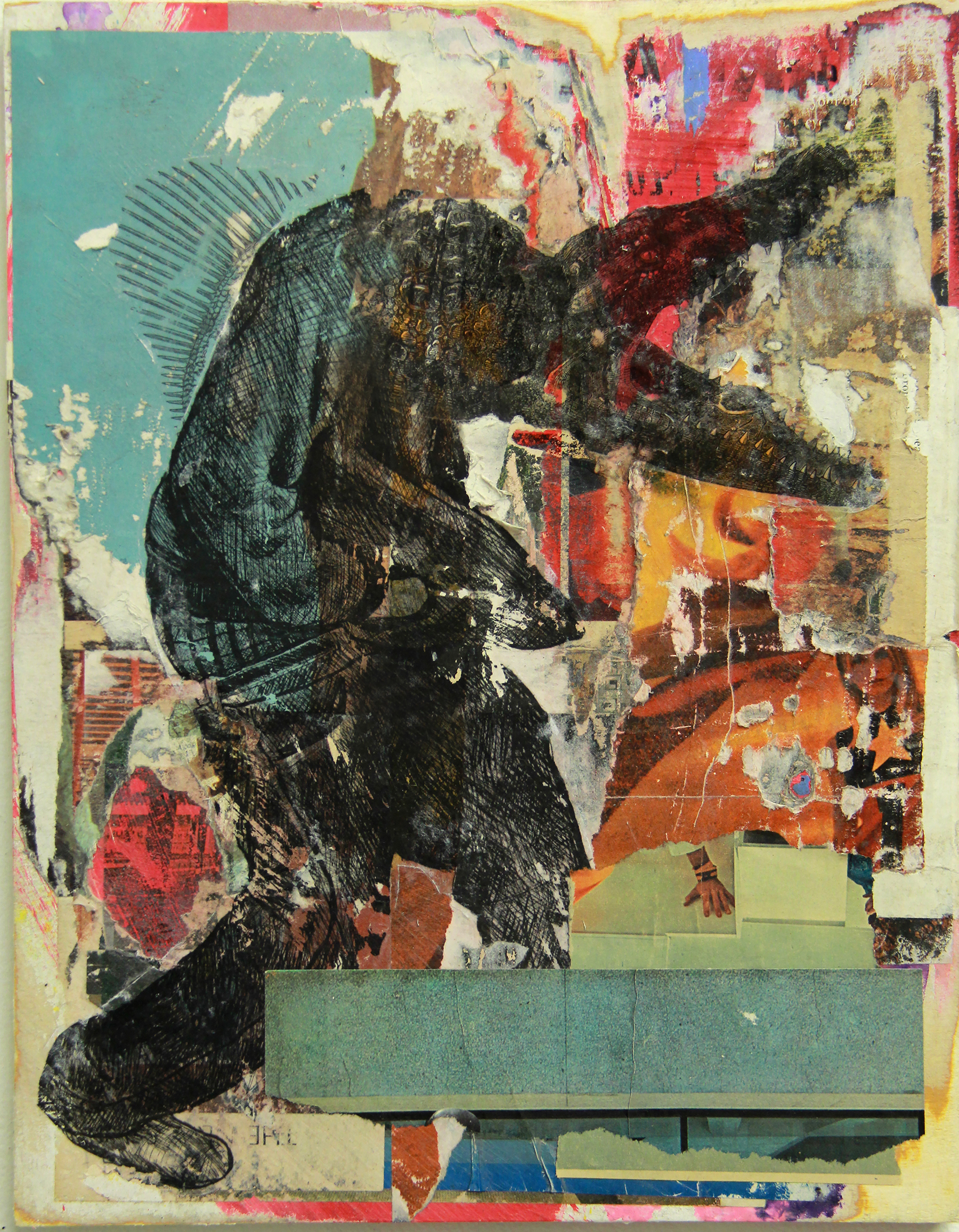 A large Black reptile appears in top of a blue, yellow, orange and red background that looks as though it has been torn.