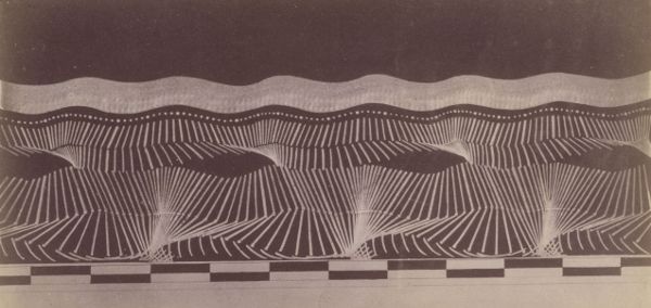 A scientific diagram depicting a moving body as abstract lines in movement. Handwritten text below explains it as chronophotographic practice.