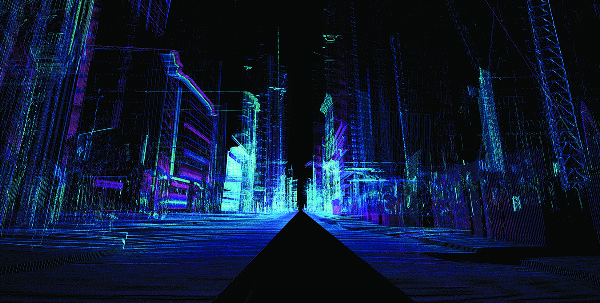A lidar image of an urban center showing a collection of abstract lines that look like the shapes of buildings.