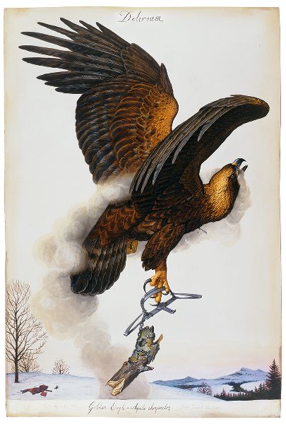 Painting of a golden eagle in flight, smoke issuing from its mouth. One of its legs is enclosed within a steel trap.
