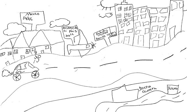 Dibujo a lápiz de un niño de un paisaje poblado por dos carreteras, edificios al lado, un carro, y un avión.