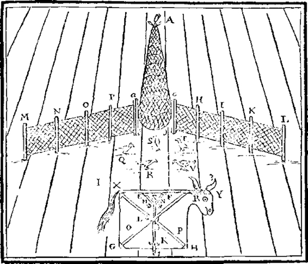 A detailed drawing of a chainlink fence configuration. In the center the chainlink is oriented as a tube. Angled away from its opening on the left and right are runs of fencing, extending into a yard in which chickens graze. In the near field there is a depiction of a wooden barrier formed to appear like a goat, complete with horns and tail.