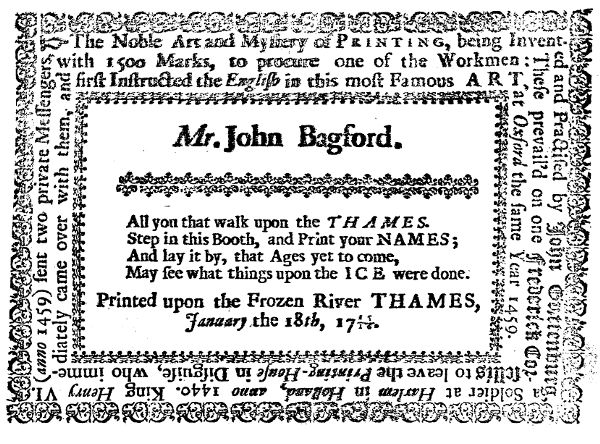 A rectangular block of text with words running across, down, below, and back up the shape. In the center “Mr. John Bagford” takes prominence.