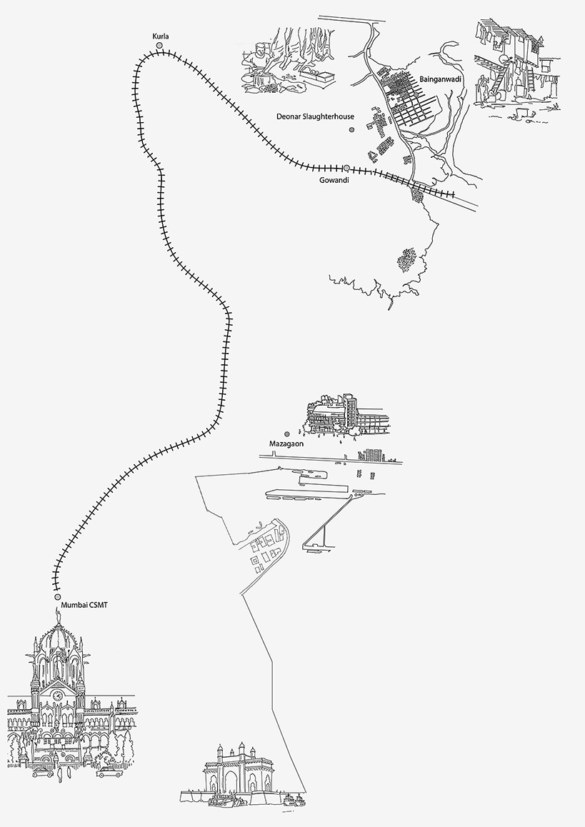 A line drawing of train routes, train stations, and landmarks in Mumbai.