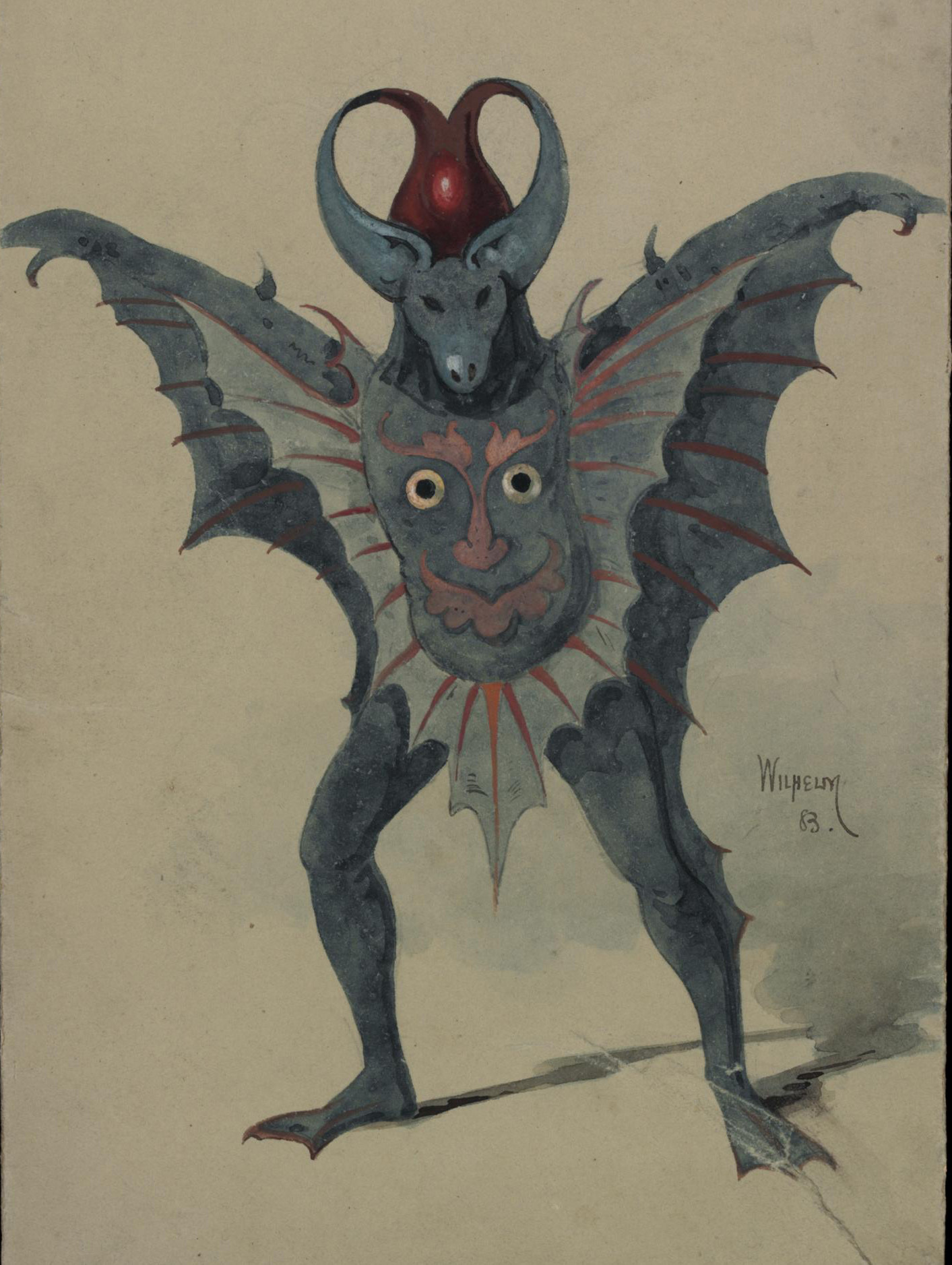 Watercolor of a Selenite costume with bat wings, an oxlike head with horns, and webbed feet.