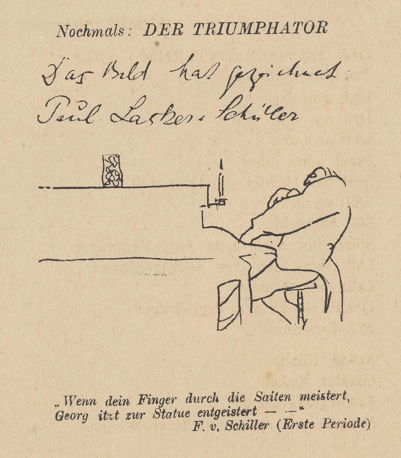 The exhibit features the cover of Paul Lasker-Schüler’s “Nochmals: Der Triumphator,” which includes a caricature of Herwarth Walden playing the piano.