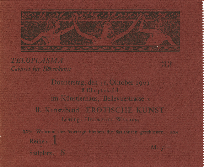 The exhibit displays a ticket for Teloplasma, an Erotic Evening in Berlin in 1901, directed by Herwarth Walden. The language on the ticket is German.
