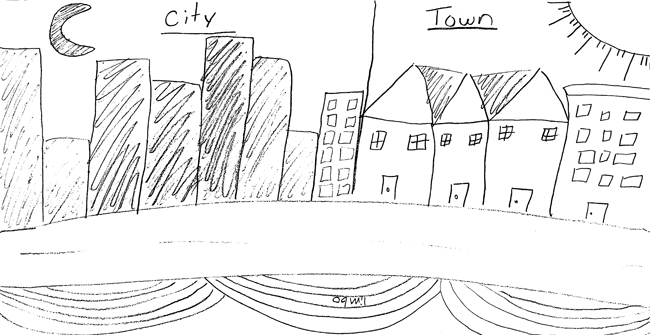 A simple pencil drawing done by a child depicting a car driving along a road with signage in the background.