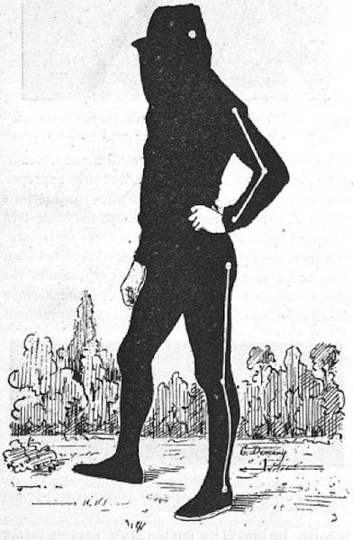 Drawing of a person entirely garbed in a black, closely fitted track suit, with head covering and face mask. They are completely obscured, save for their hands, which are exposed. Along their side, white dots are painted over the person's joints, with white lines connecting them.