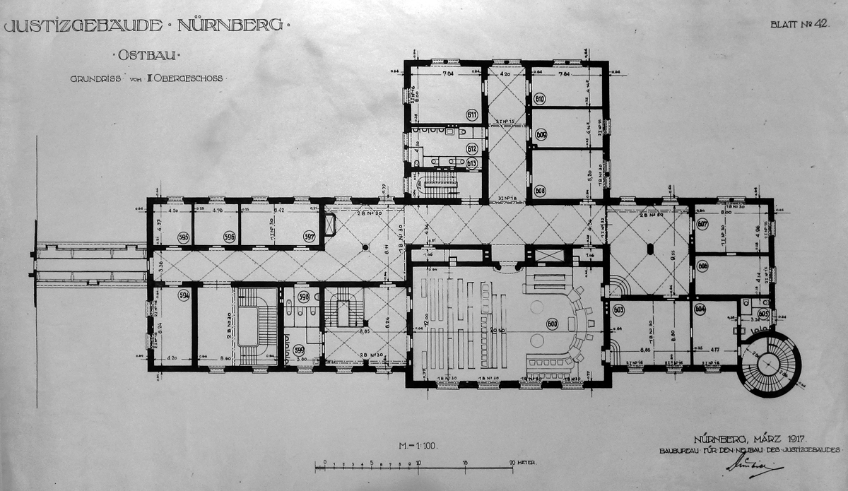 Floor plan of the Nuremberg Palace of Justice showing the pre-World War II configuration of Courtroom 600.
