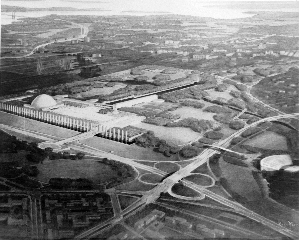 Pencil rendering for NYC’s campaign to host the UN permanent headquarters, showing a building complex with colonnades over a sprawling landscape.