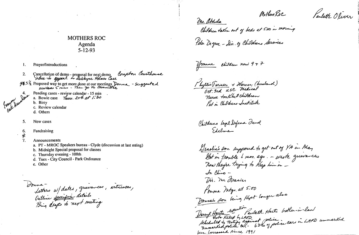 A printed meeting agenda heavily annotated with handwritten notes.
