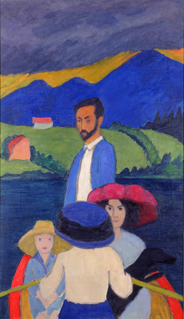 The exhibit showcases Gabriele Münter’s “Boating,” a 1910 oil painting featuring two women and a man in a small boat on a lake. The portrayal emphasizes emotions and personalities through a non-realistic style.