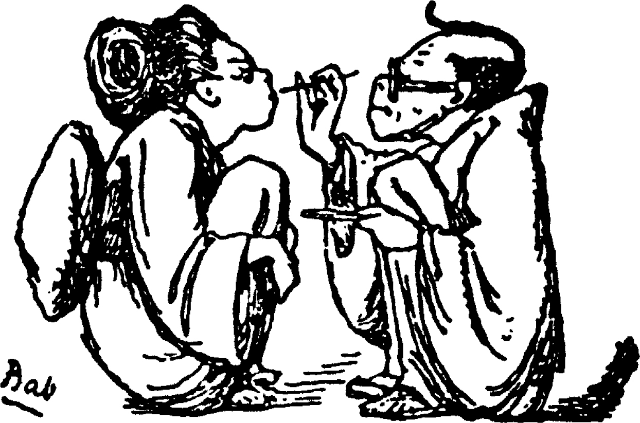 A comic diagram showing the side view of a man with glasses focused on applying makeup to a woman sitting opposite to him. The woman carries a bag and poses with a pout face.