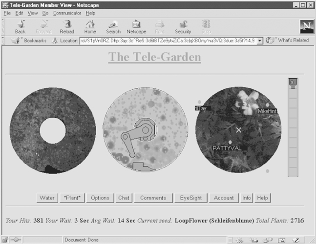 A screenshot of the Tele-Garden having three concentric circles. The second has a gear like symbol in the middle and the third shows a garden view with flowers.