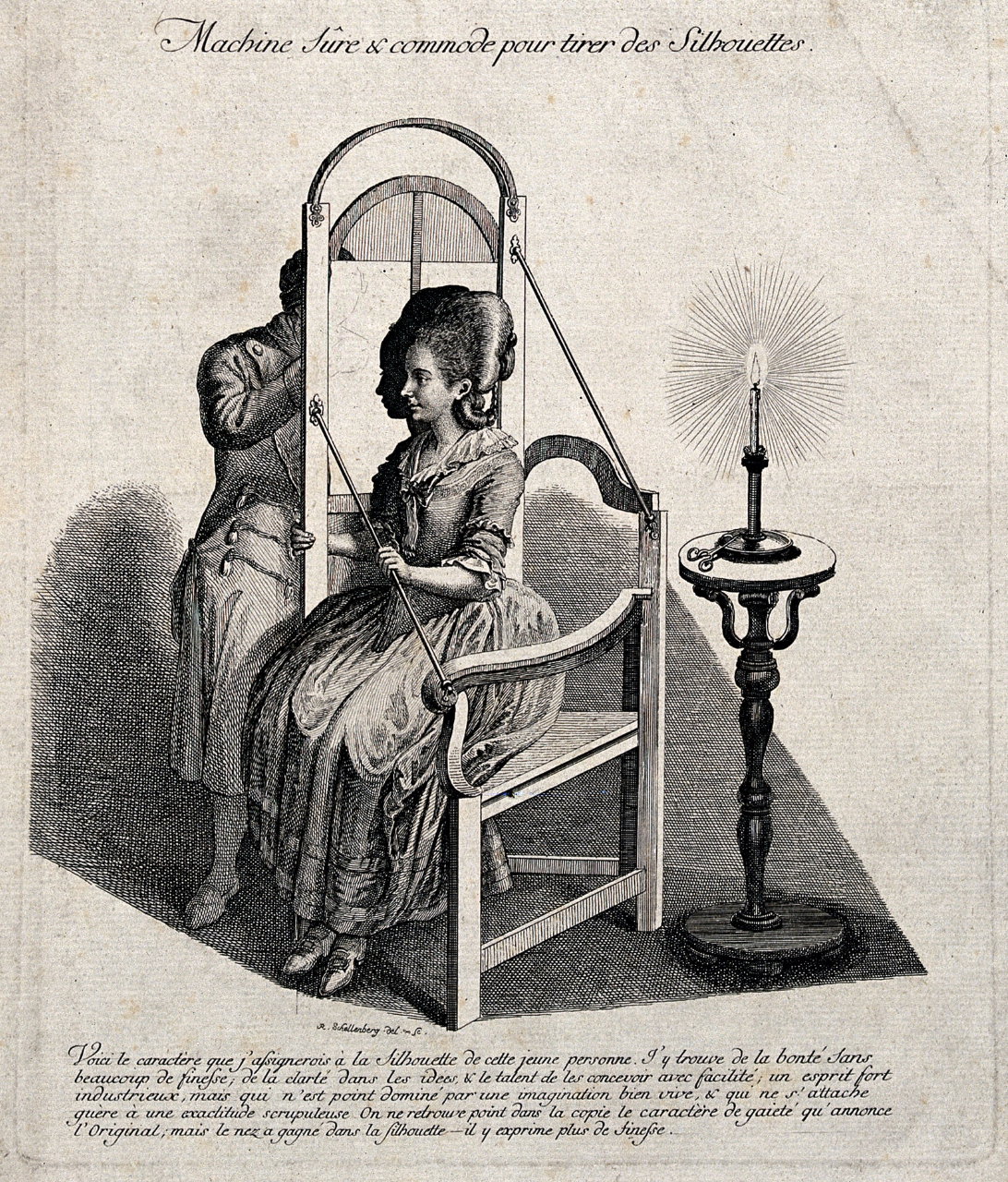 Engraving of a seated woman whose profile is silhouetted on a screen and drawn by a male artist on the back side of the screen.
