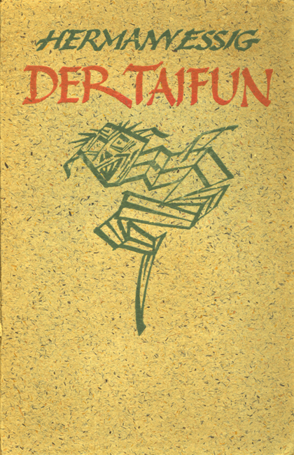 The exhibit showcases the cover of “Der Taifun” by Hermann Essig, featuring an abstract figure with facial features.