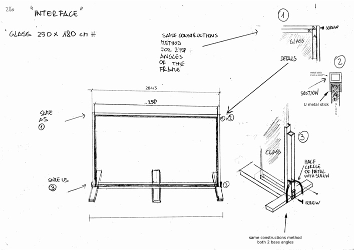 A sketch of the glass frame in the middle with the measurements specified. The enhanced view of the mounting and the sections are drawn.