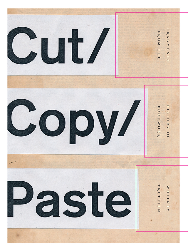 Three rectangular paper cutouts placed on the backside of a yellowed typeset page; each shows a word of the title in large black print.